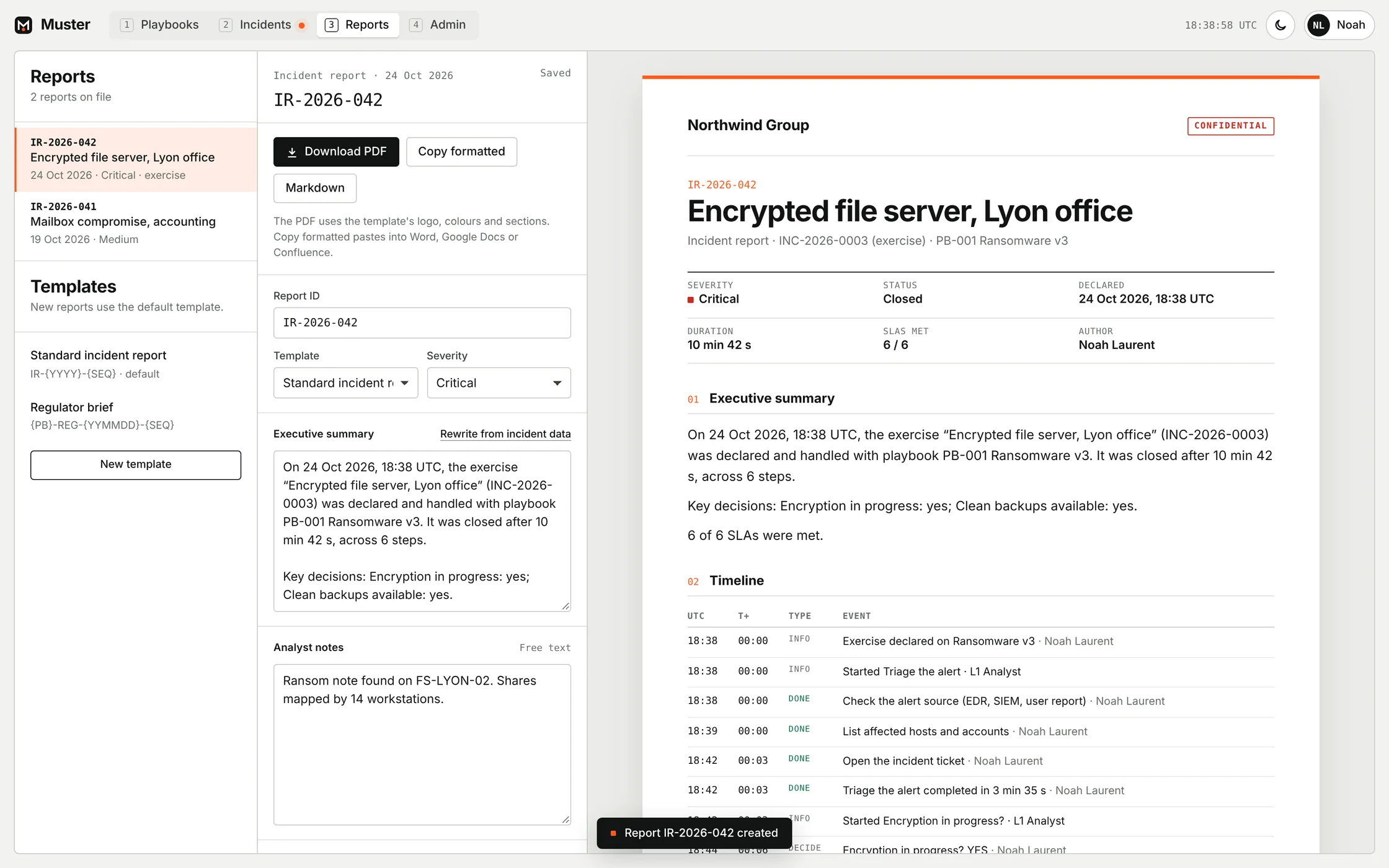 The incident report for Encrypted file server, Lyon office, with its executive summary and timeline, next to the editable fields
