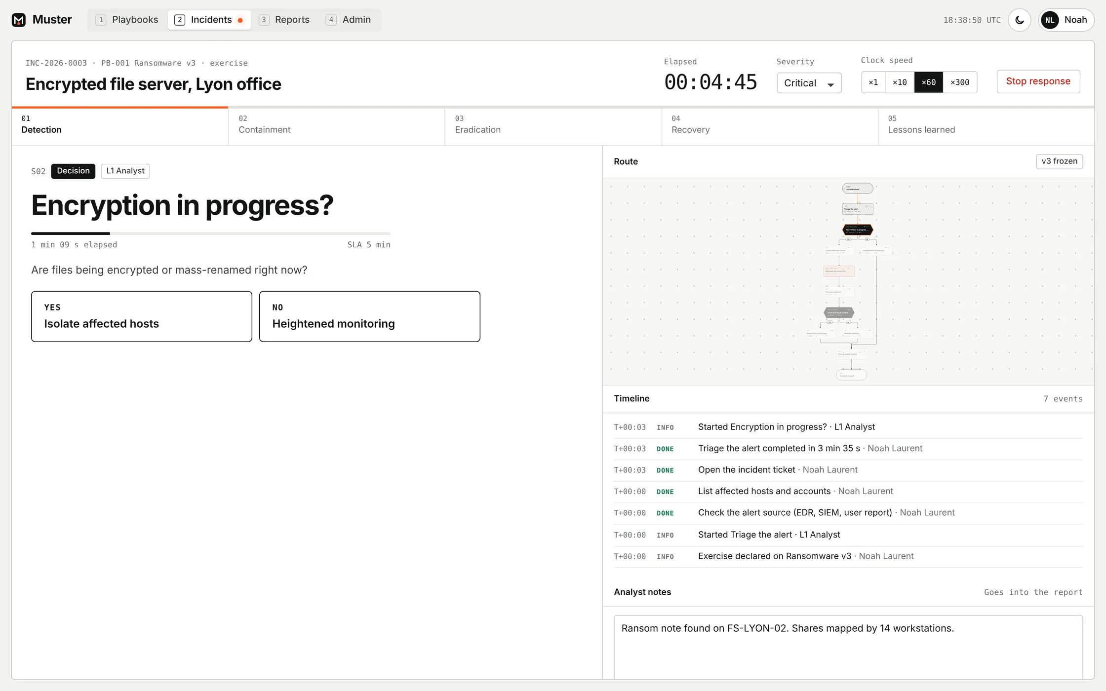 A live exercise: the decision Encryption in progress, with Yes and No choices, the route on the frozen v3 diagram and the timeline