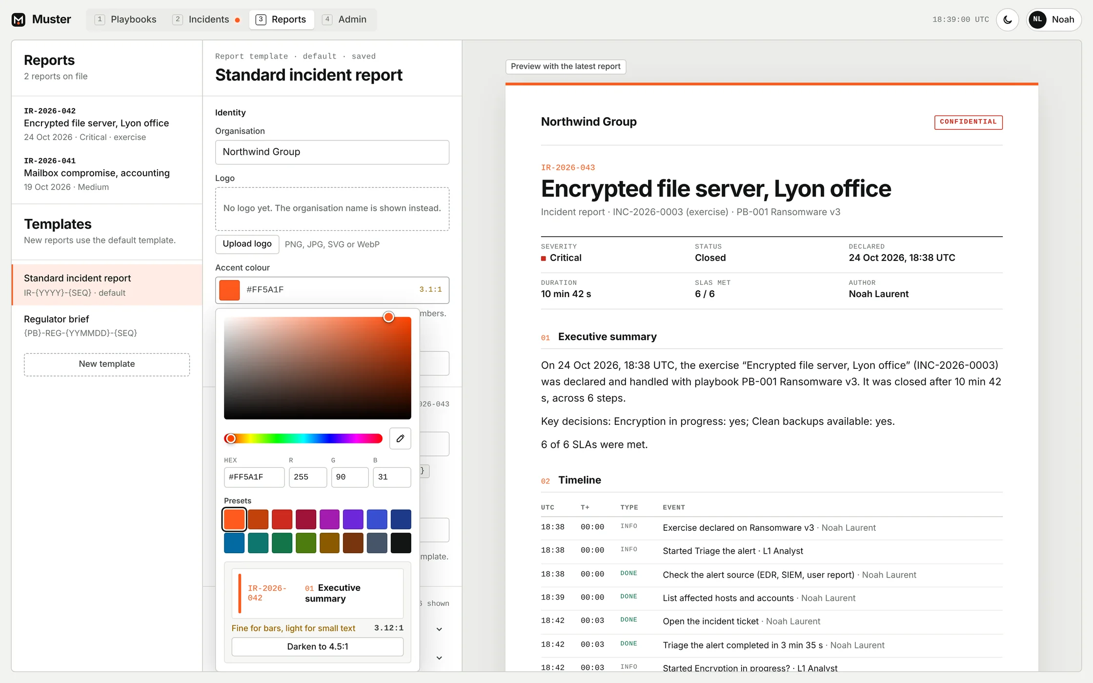 The report template editor with the accent colour picker open